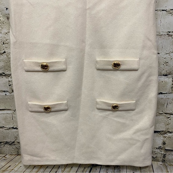 Leona Lauren Leonard Cream Cap Sleeve Wool Sheath Gold Button Dress - Picture 2 of 6